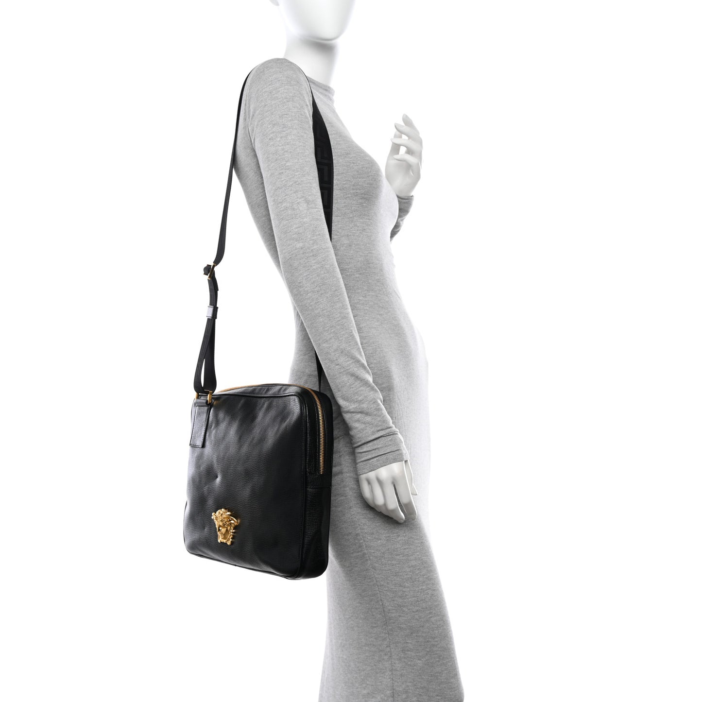 Grained Calfskin Medusa Head Shoulder Bag Black