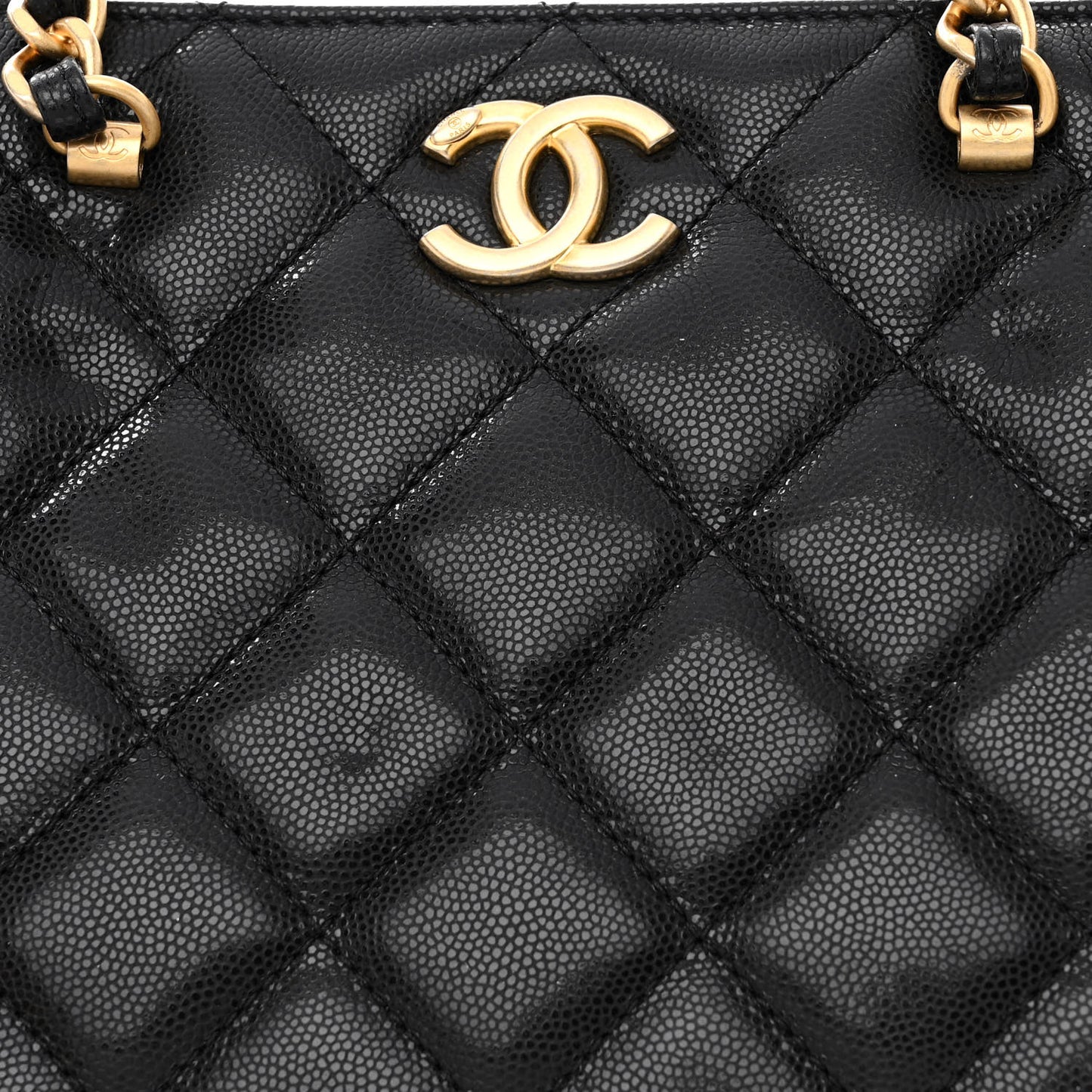 Shiny Caviar Quilted Chain Handle Shopping Tote Black
