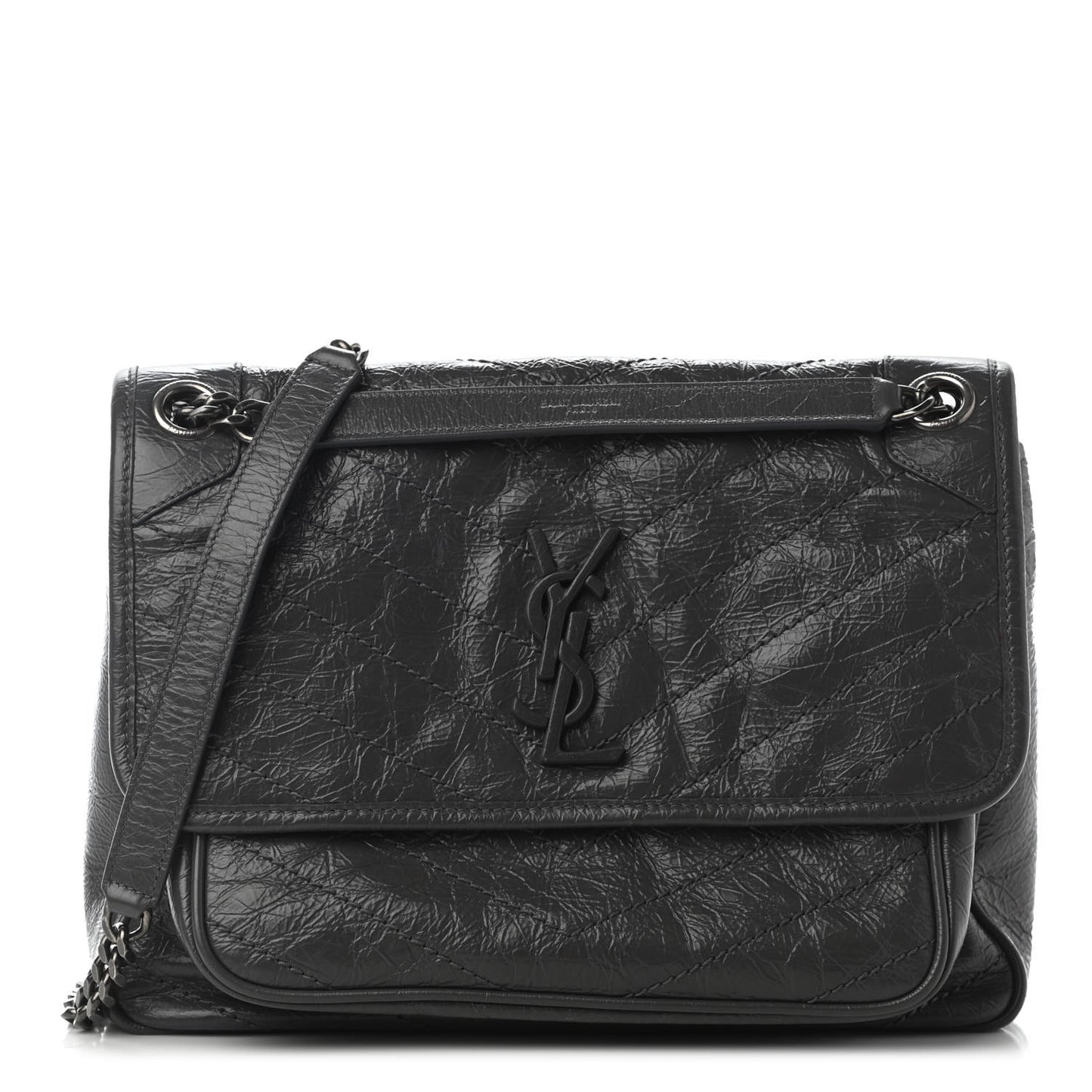 Crinkled Calfskin Matelasse Monogram Medium Niki Chain Satchel Asphalt