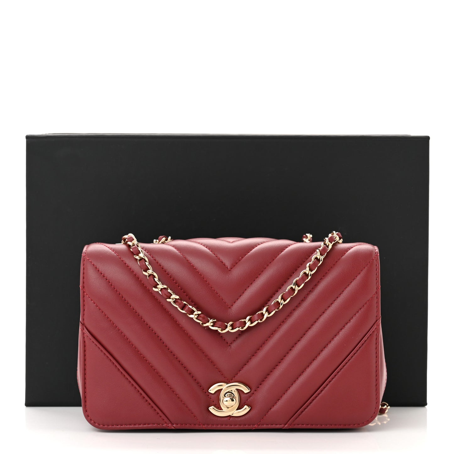 Calfskin Chevron Quilted Mini Statement Flap Red