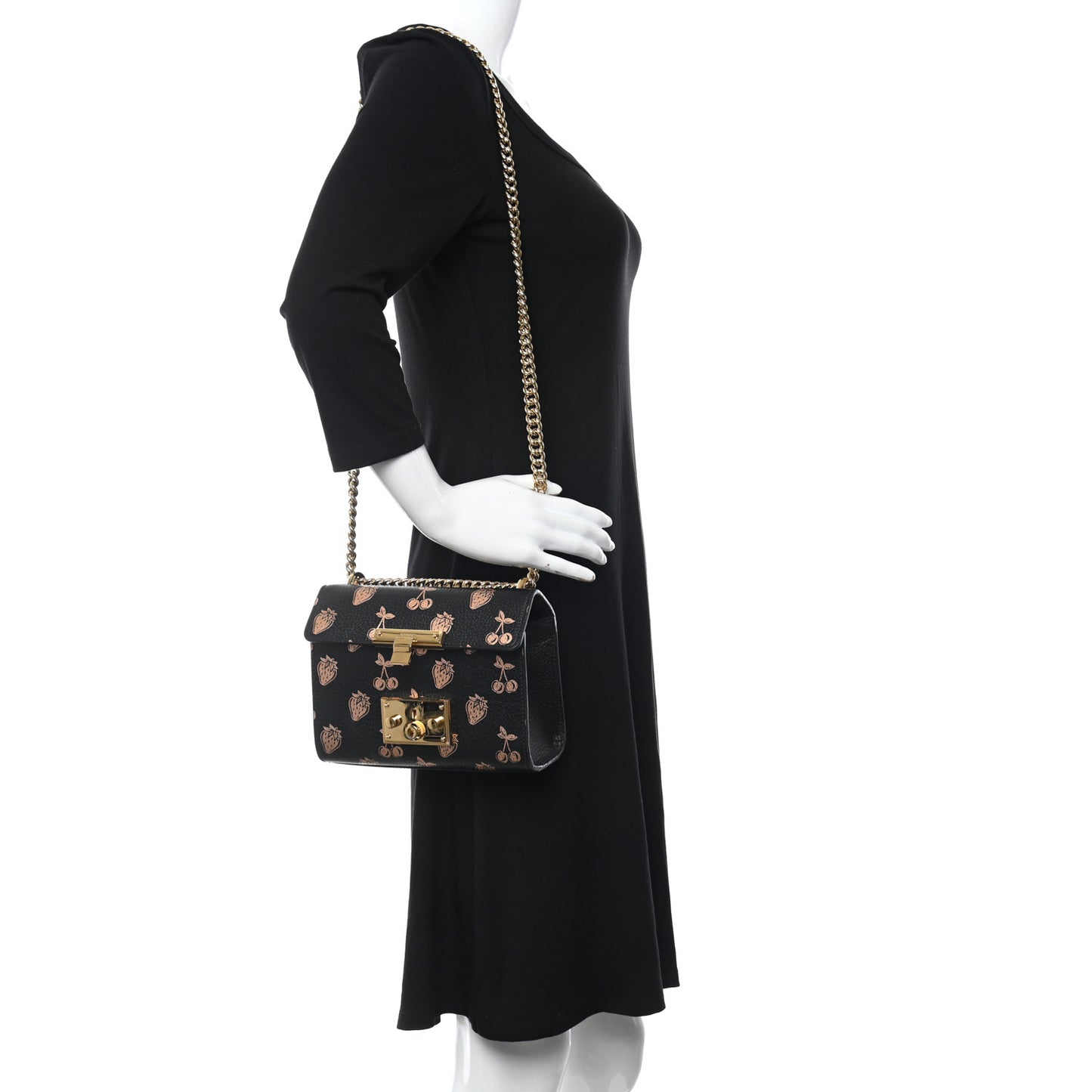 Textured Dollar Calfskin Berry Print Small Padlock Shoulder Bag Black Light Copper