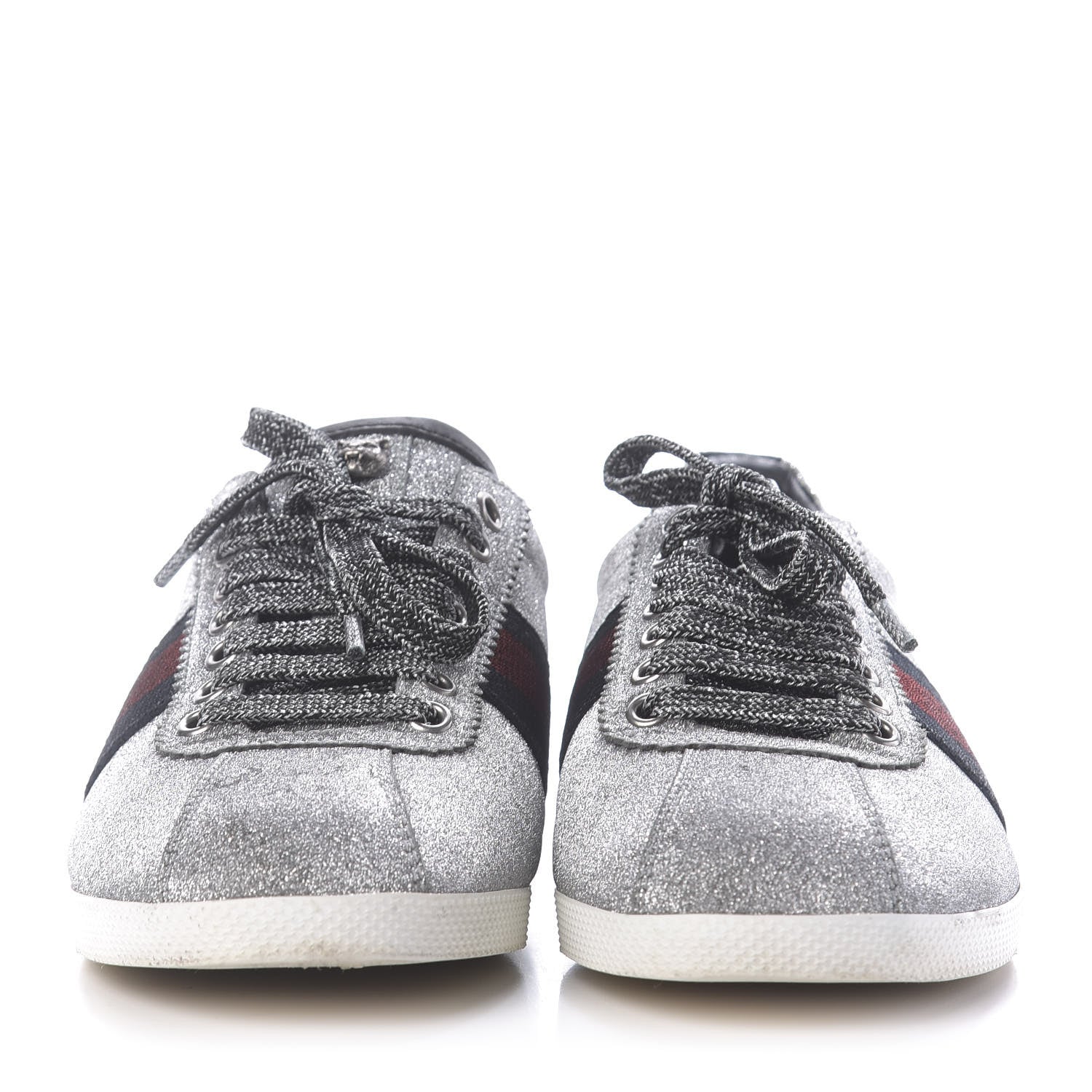 Gucci Glitter Fabric Studded Womens Web Sneakers 39 Silver 2 of 12