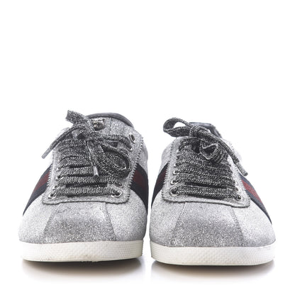 Gucci Glitter Fabric Studded Womens Web Sneakers 39 Silver 2 of 12