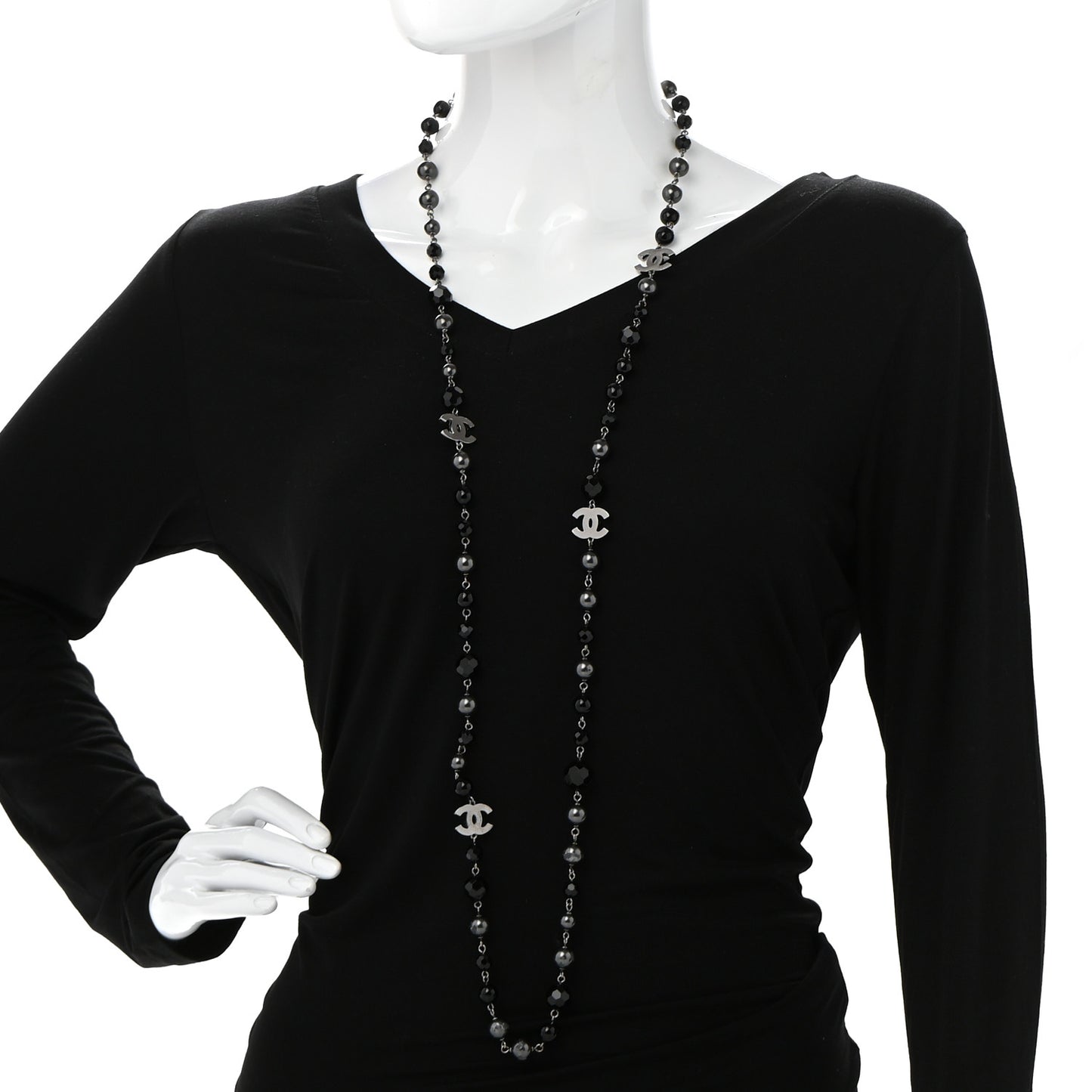 Pearl Beaded CC Long Necklace Silver Black