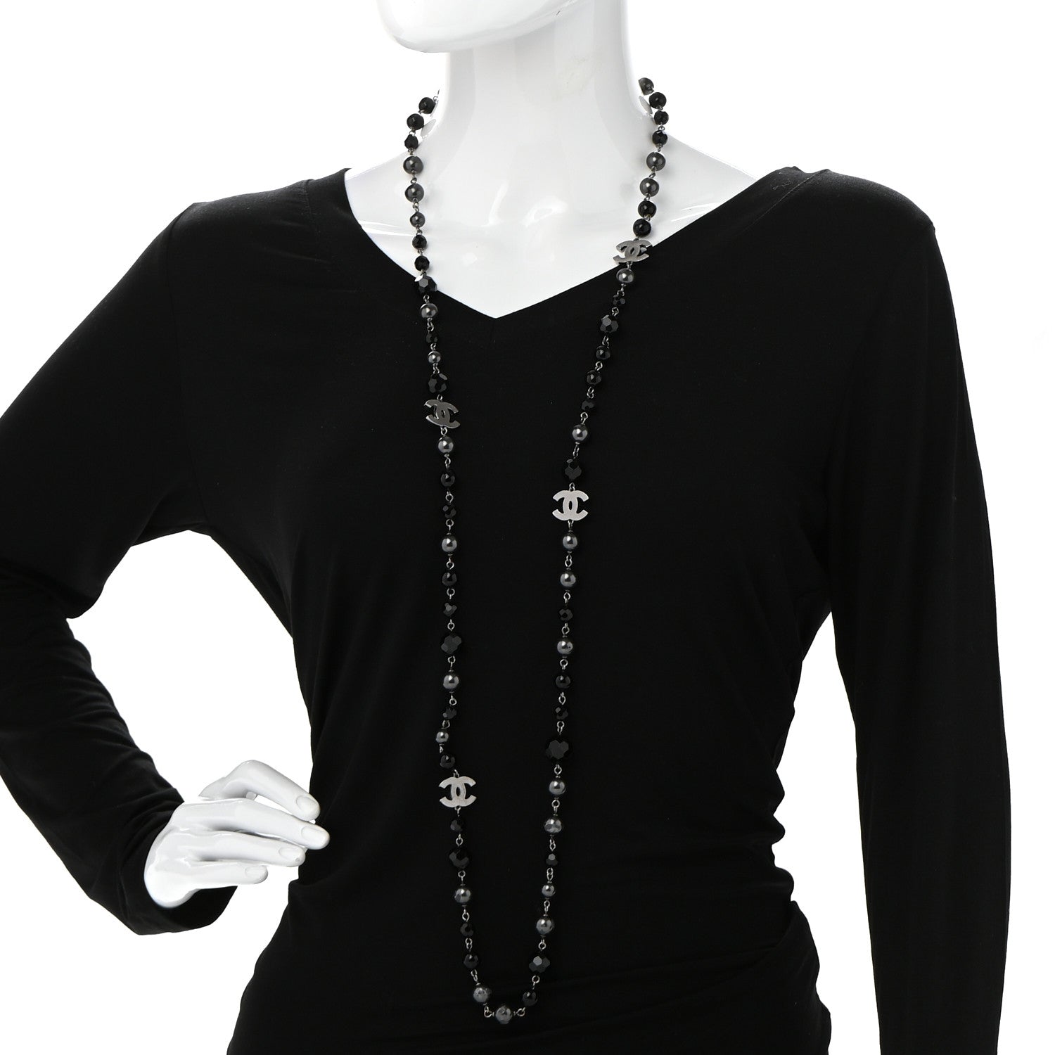 Chanel Pearl Beaded CC Long Necklace Silver Black 2 of 7