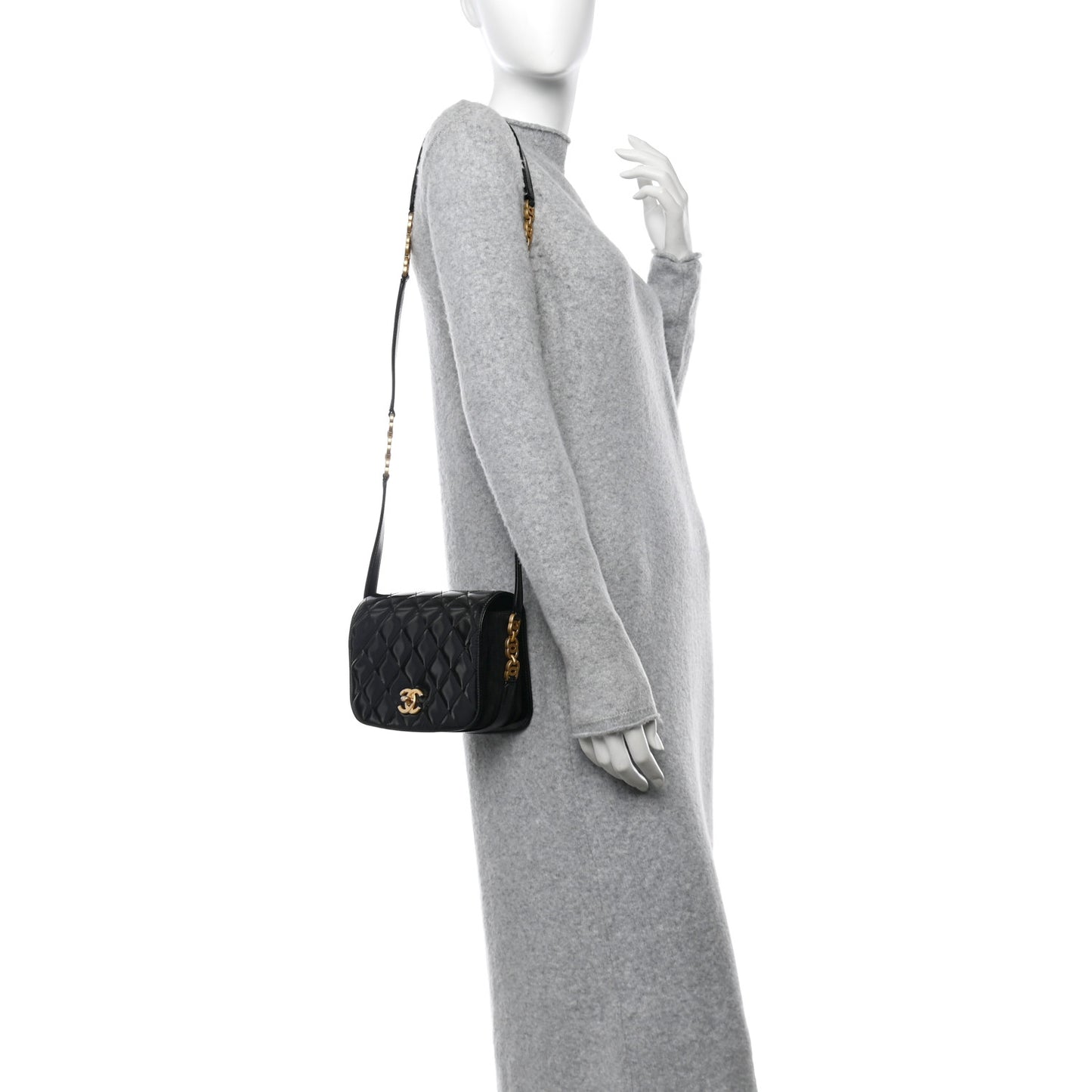 Shiny Calfskin Quilted Suede Goatskin Messenger Black