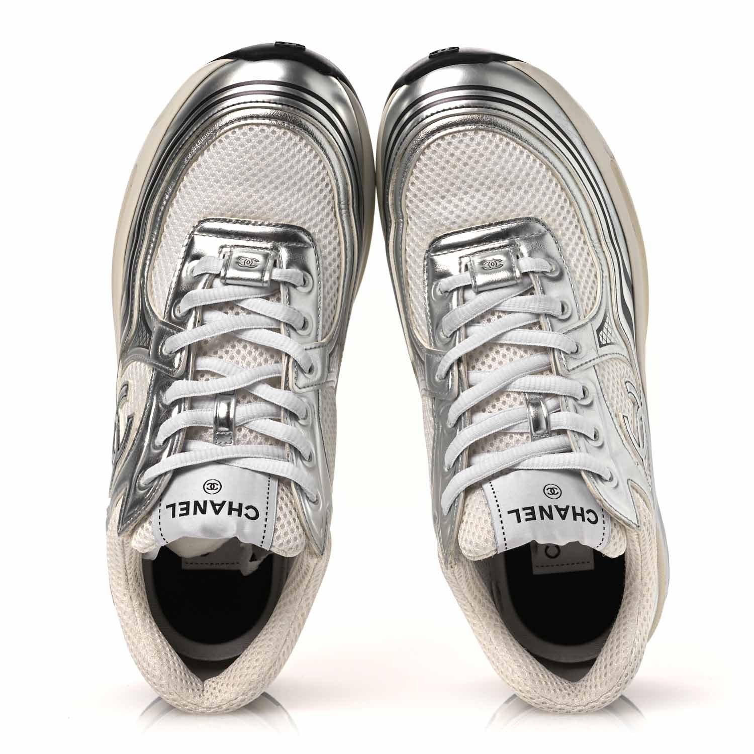 Chanel Fabric Laminated Calfskin Stretch CC Sneakers 38 White Silver 2 of 13