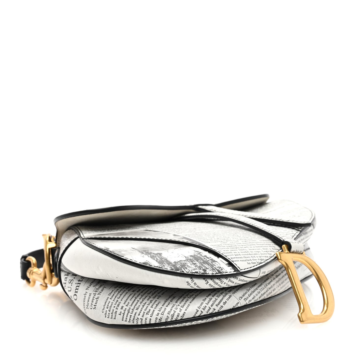 Calfskin Newspaper Printed Saddle Bag With Strap Black White