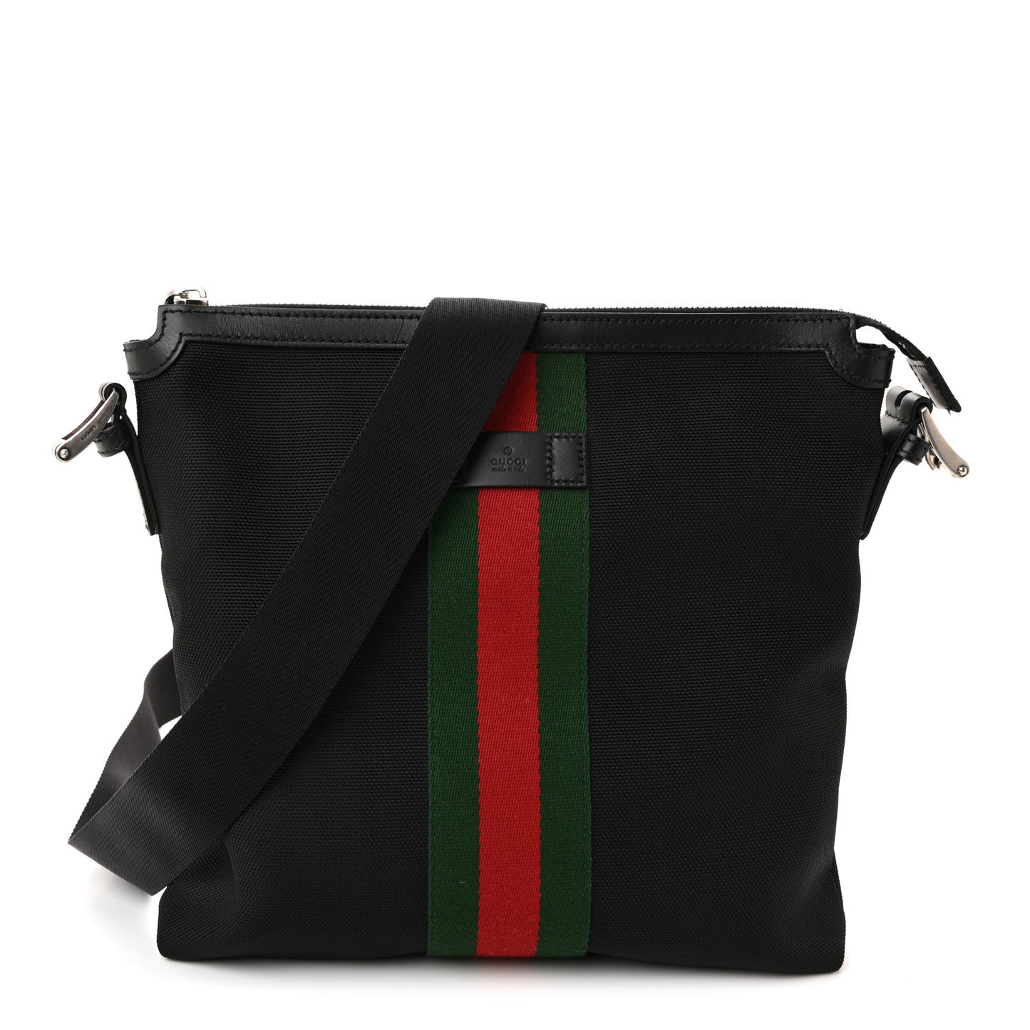 Techno Canvas Selleria Calfskin Web Small Flat Messenger Bag Black