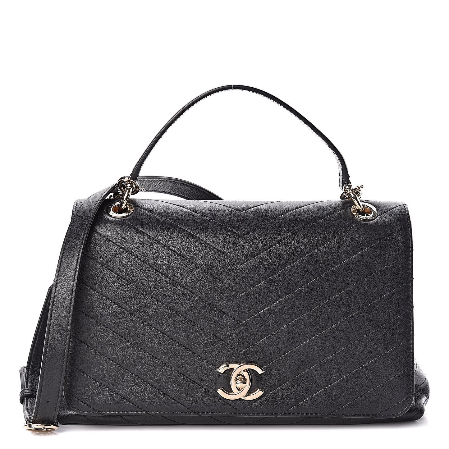 Grained Calfskin Chevron Stitched Medium Chic Top Handle Flap Black