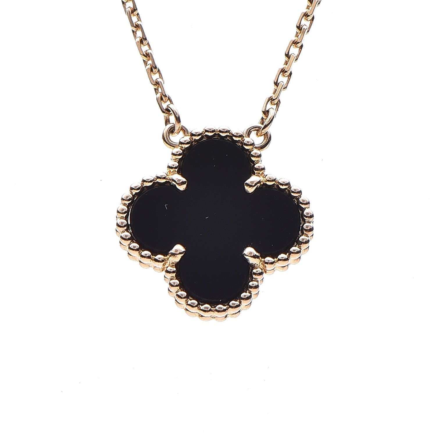 Van Cleef & Arpels 18K Yellow Gold Black Onyx Vintage Alhambra Pendant Necklace 3 of 7