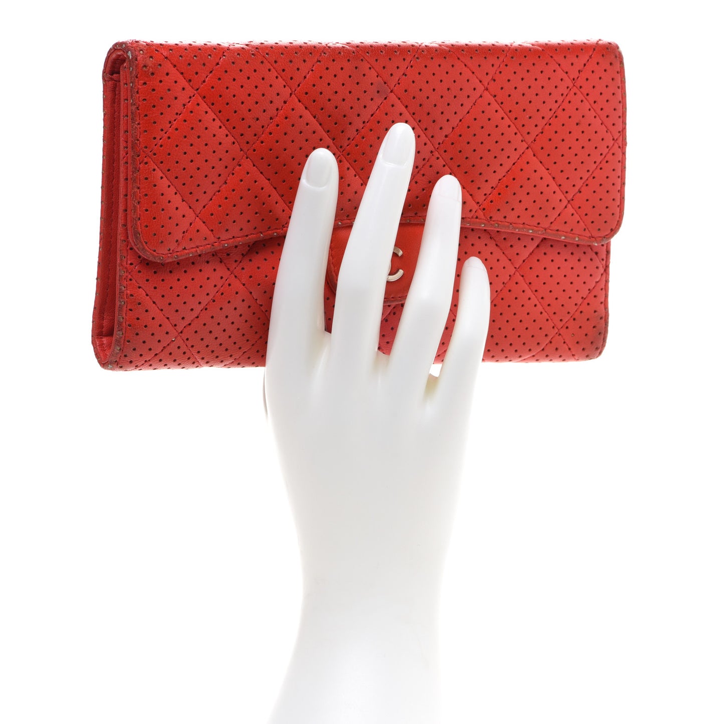 Perforated Lambskin Quilted Flap Wallet Red