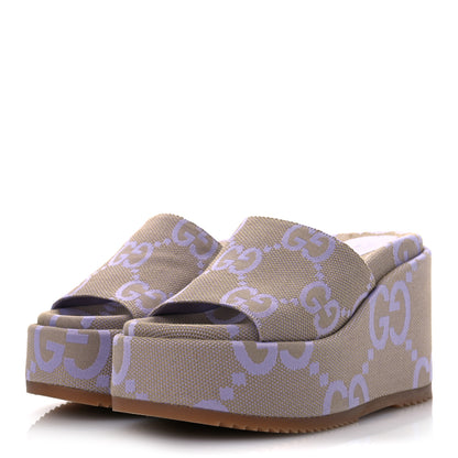 Gucci Monogram Jumbo GG Platform Slide Wedge Sandals 39 Beige Lapis 4 of 12