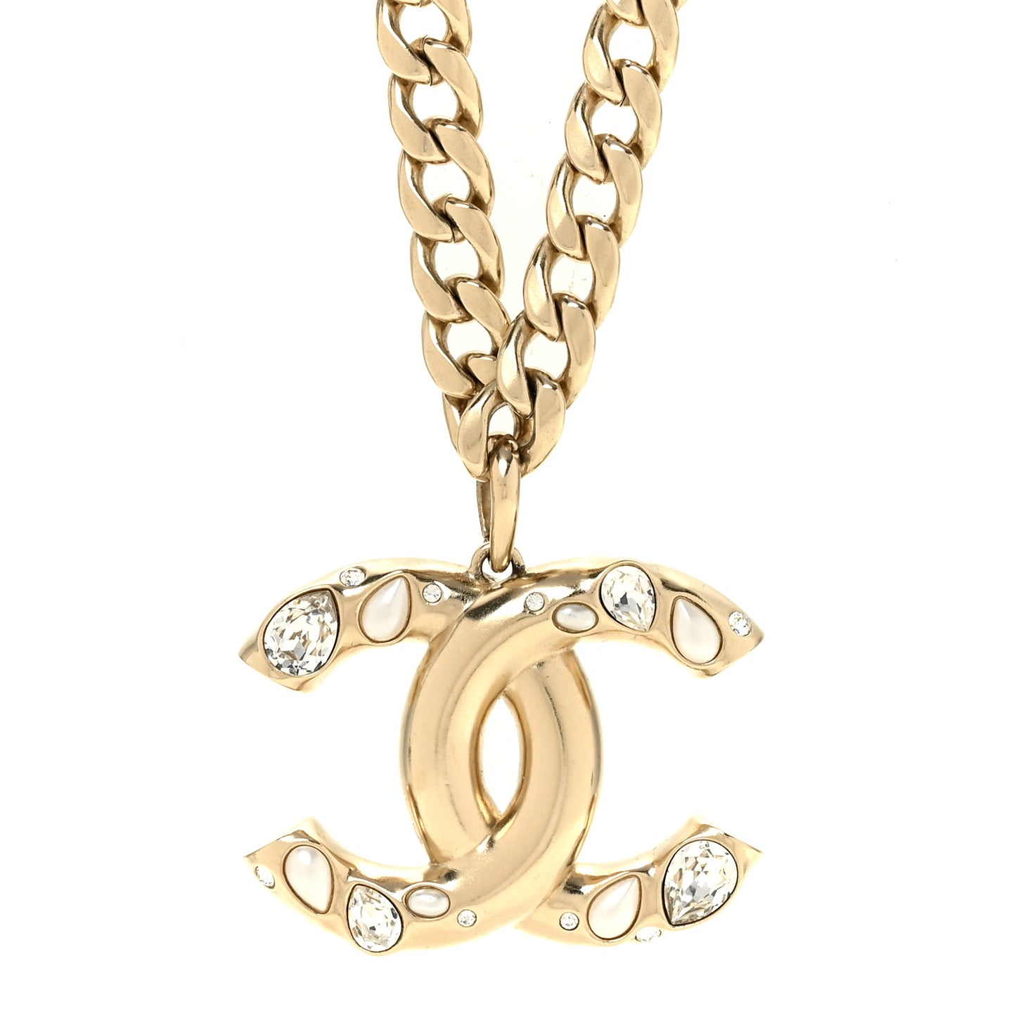 Crystal Pearl CC Pendant Necklace Gold