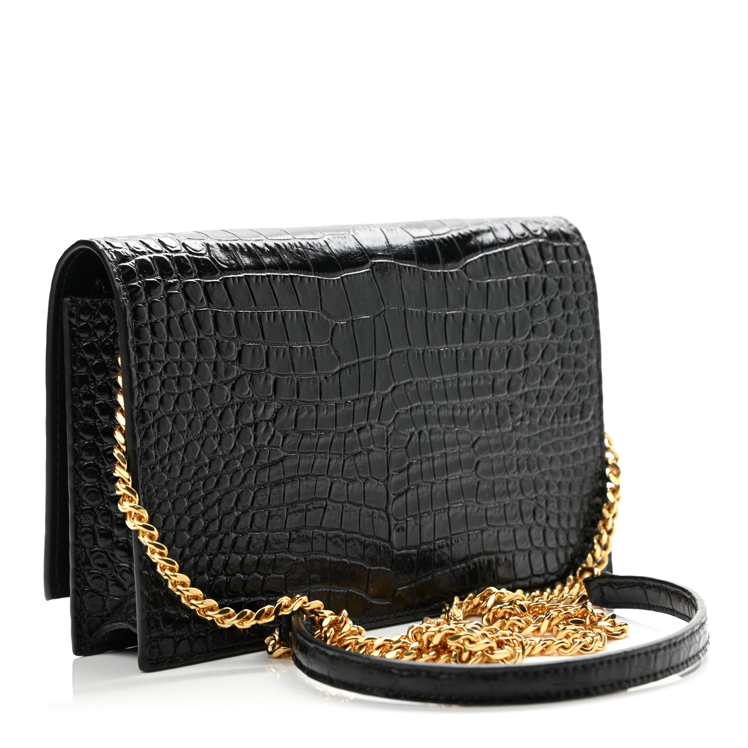 Saint Laurent Calfskin Crocodile Embossed Kate Monogram Tassel Chain Wallet Black 2 of 9
