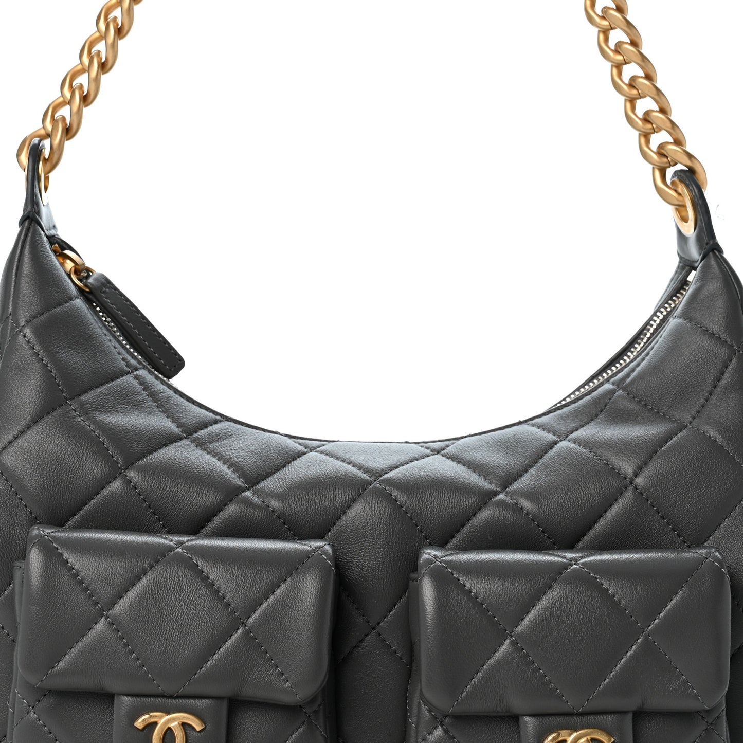 Shiny Lambskin Quilted Trendy Pockets Hobo Dark Grey