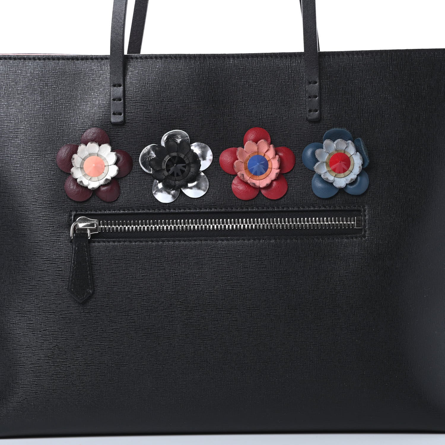 Fendi Vitello Elite Flowerland Medium Roll Tote Black 8 of 13