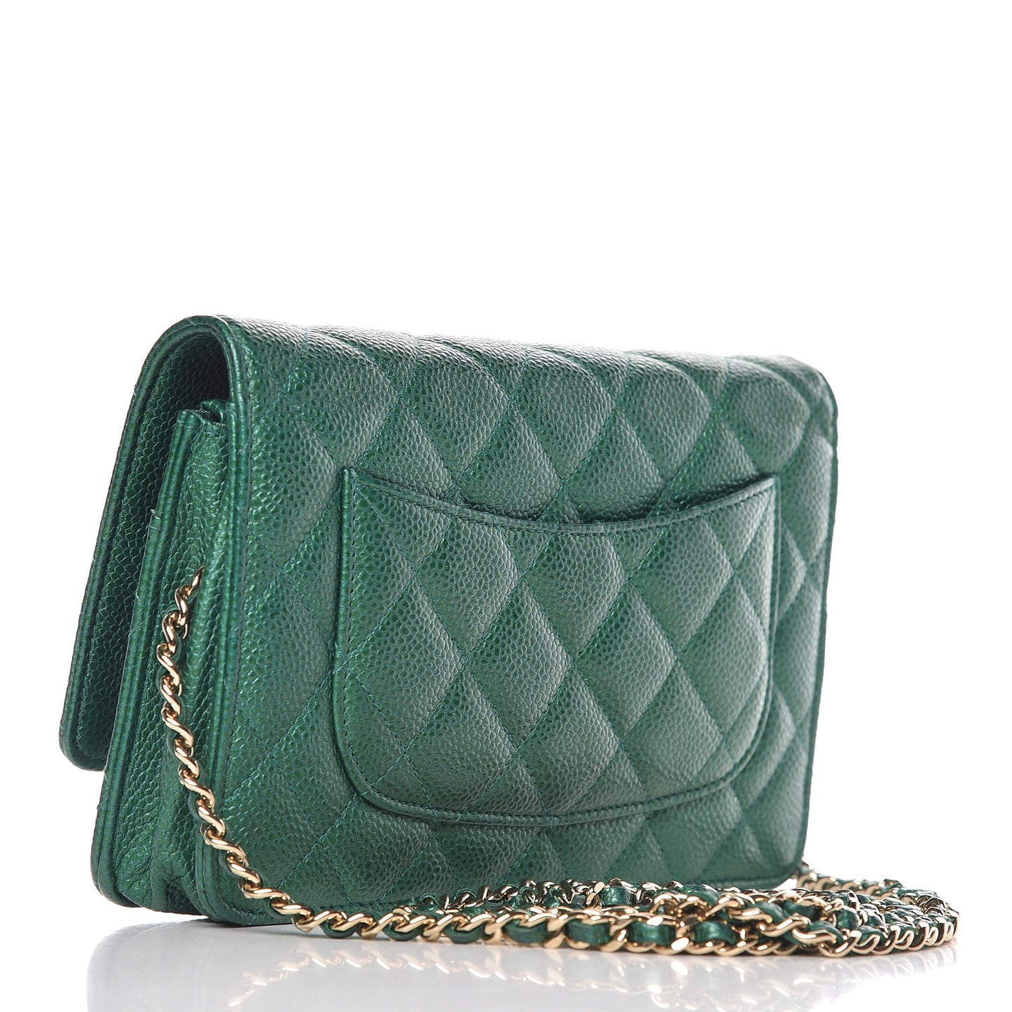 Metallic Caviar Quilted Wallet On Chain WOC Green