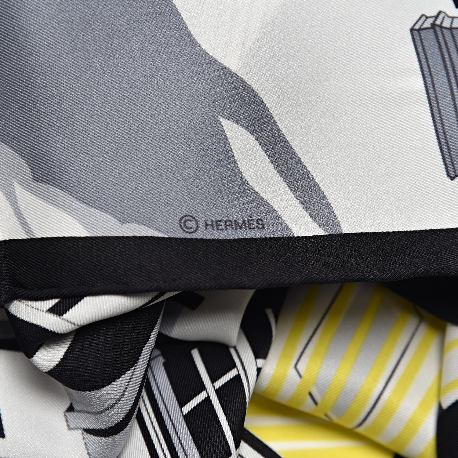 Hermes Silk Minuit Au Faubourg Scarf 70 Anthracite Blanc Jaune Vif 7 of 7