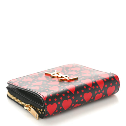 Saint Laurent Calfskin Heart Print Monogram Compact Zip Around Wallet Black Red 4 of 10
