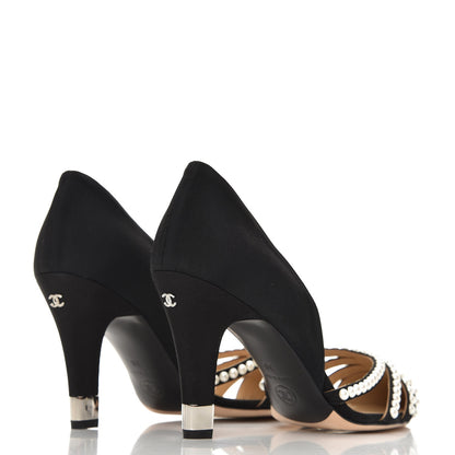 Chanel Satin Grosgrain Pearl Pumps 38 Black 4 of 8