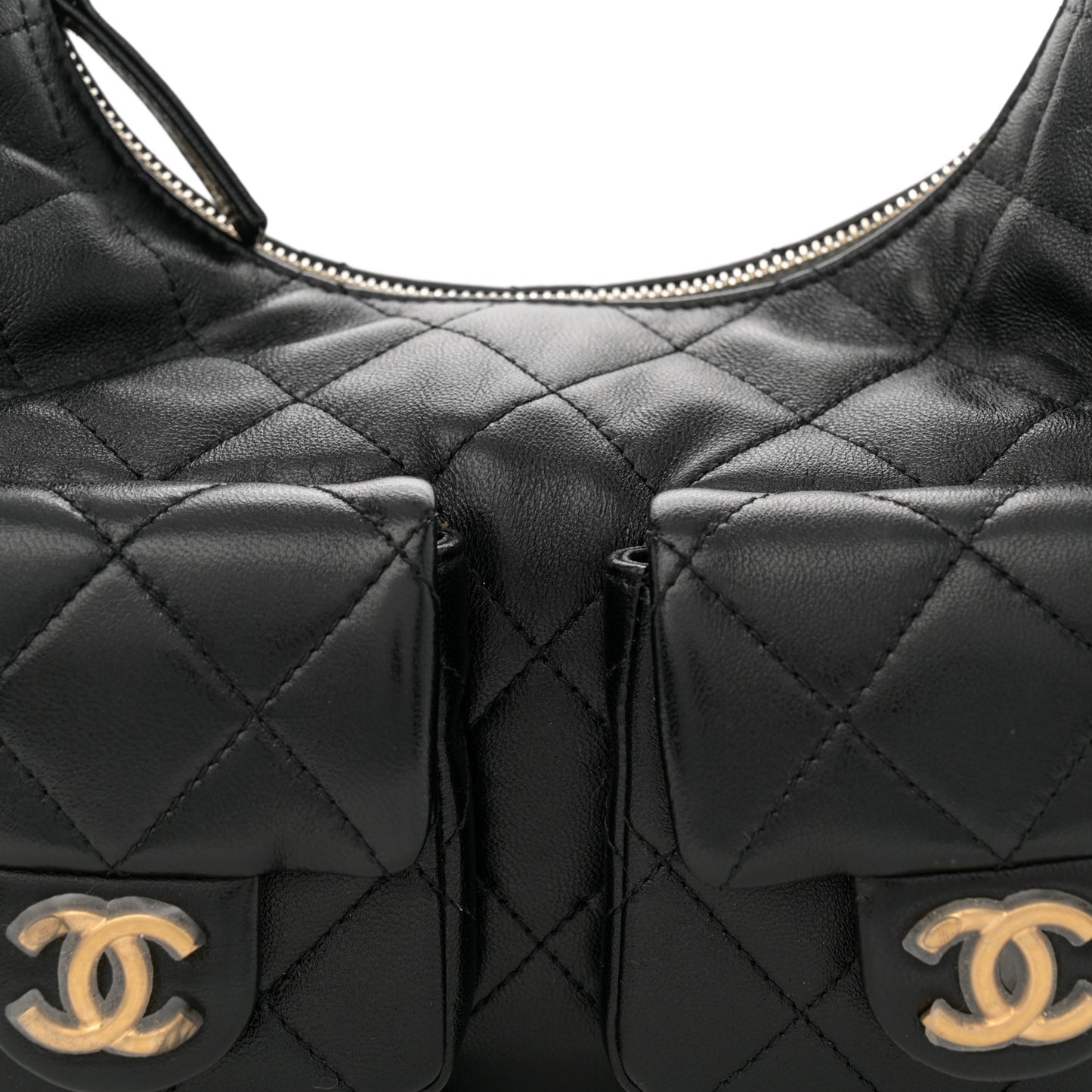 Shiny Lambskin Quilted Trendy Pockets Hobo Black