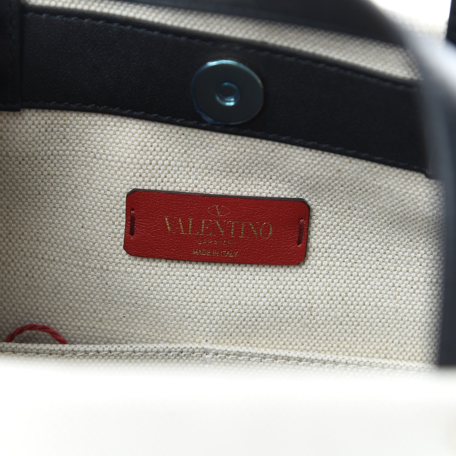 Valentino Garavani Canvas Calfskin VLTN Print Small Rockstud Tote Naturale Black 6 of 9