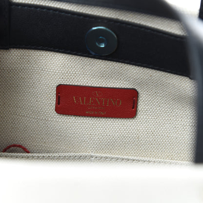 Valentino Garavani Canvas Calfskin VLTN Print Small Rockstud Tote Naturale Black 6 of 9