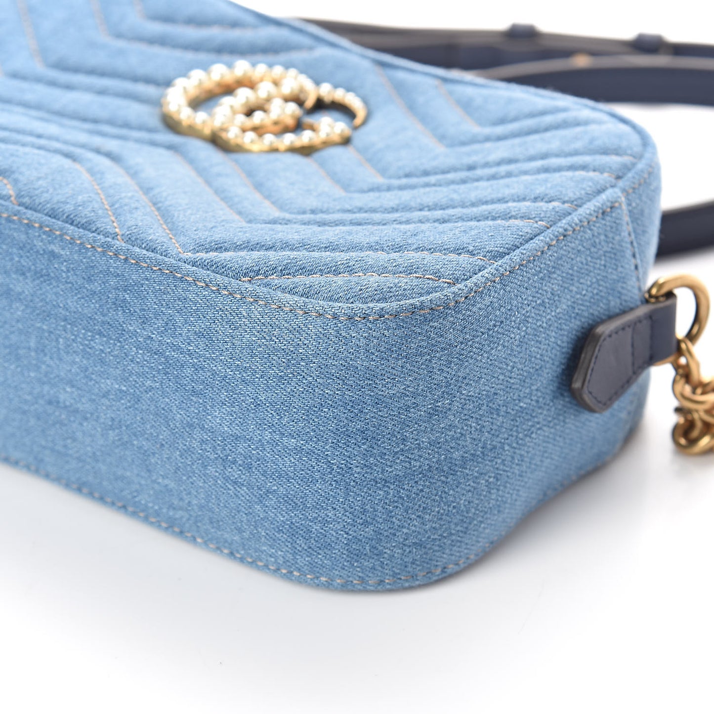 Denim Matelasse Small Pearly GG Marmont Chain Shoulder Bag Blue