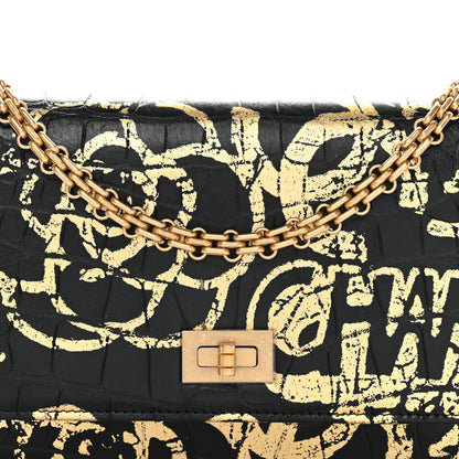 Chanel Calfskin Crocodile Embossed Graffiti 2.55 Cocodile Reissue Wallet On Chain WOC Black Gold 23 of 31