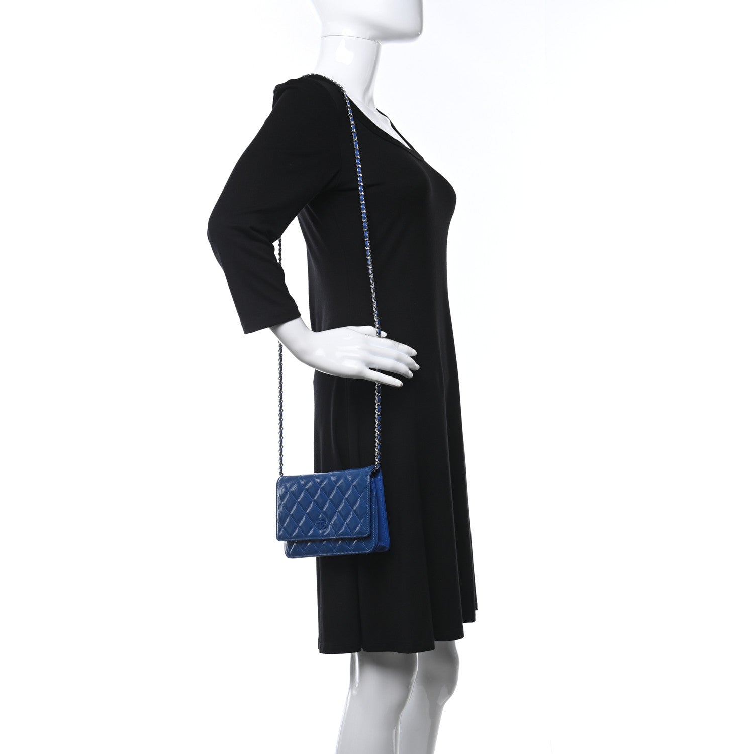 Chanel Patent Quilted Wallet On Chain WOC Dark Blue 2 of 17
