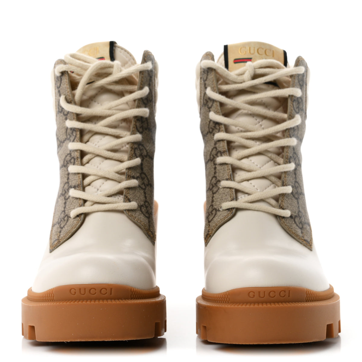Calfskin GG Supreme Monogram Nappa Quilted Lace Up Ankle Boots 36.5 Mystic White Beige