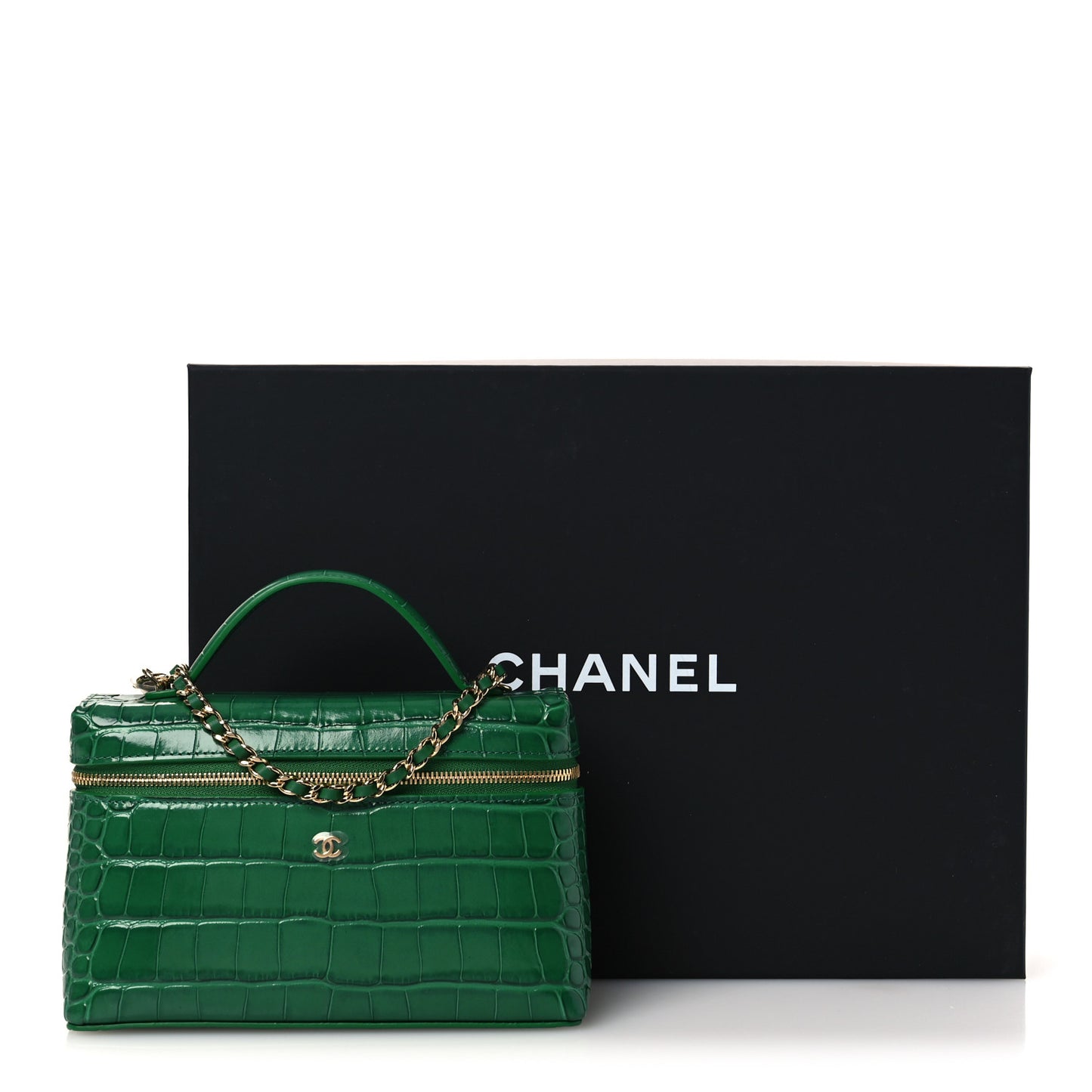 Calfskin Crocodile Embossed Crococo Top Handle Slim Vanity Case With Chain Green