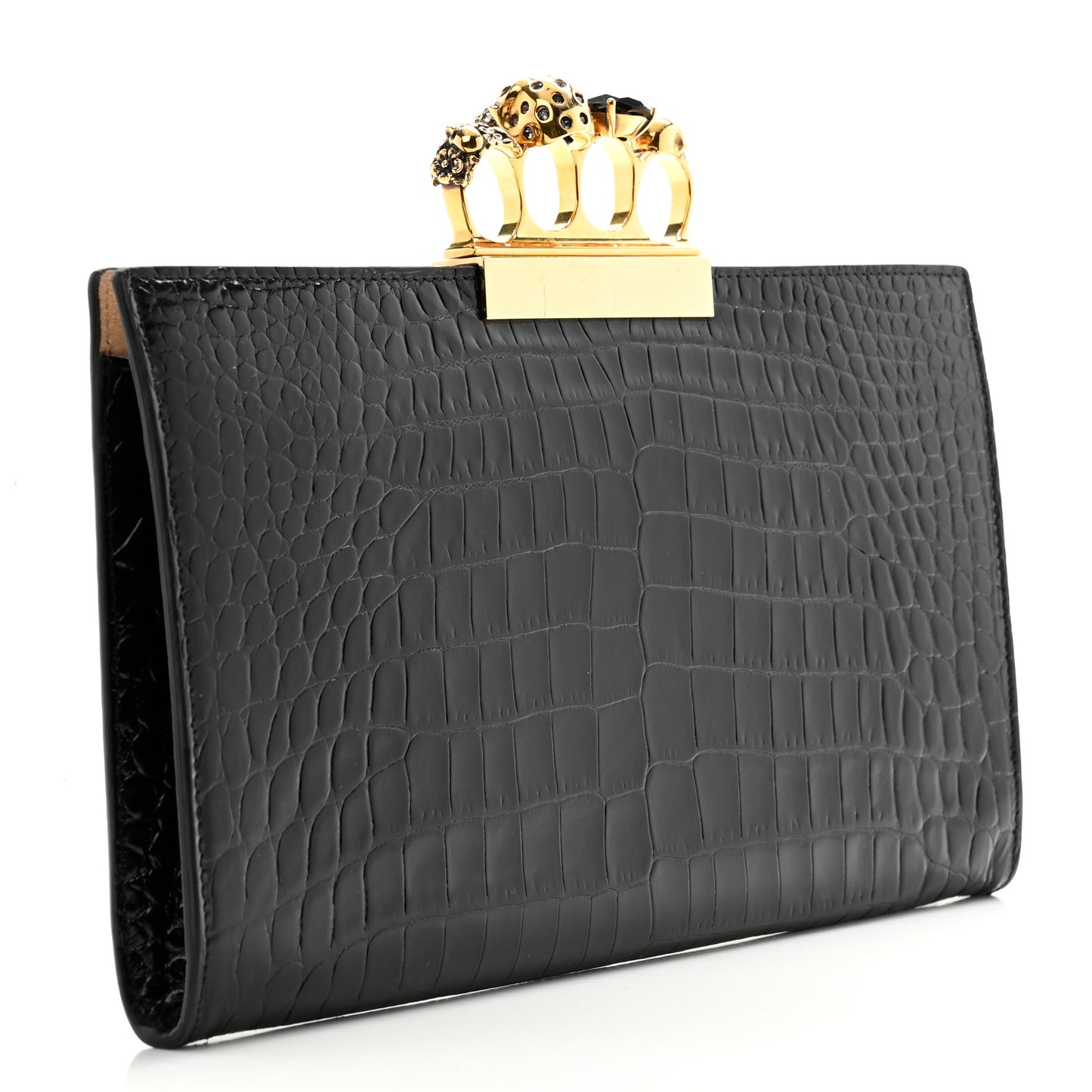 Calfskin Crocodile Embossed Knuckle Flat Clutch Black Gold