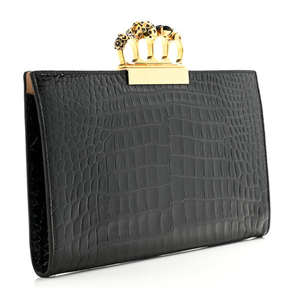 Alexander McQueen Calfskin Crocodile Embossed Knuckle Flat Clutch Black Gold 3 of 9