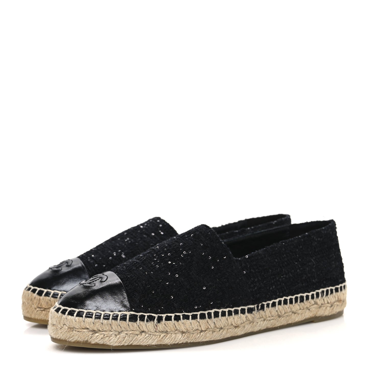 Tweed Patent Goatskin Sequin CC Espadrilles 41 Black