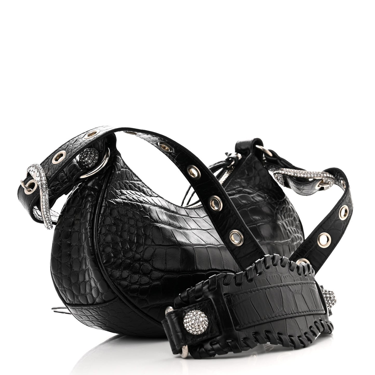 Extra Supple Calfskin Crystal Crocodile Embossed Le Cagole Shoulder Bag XS Black