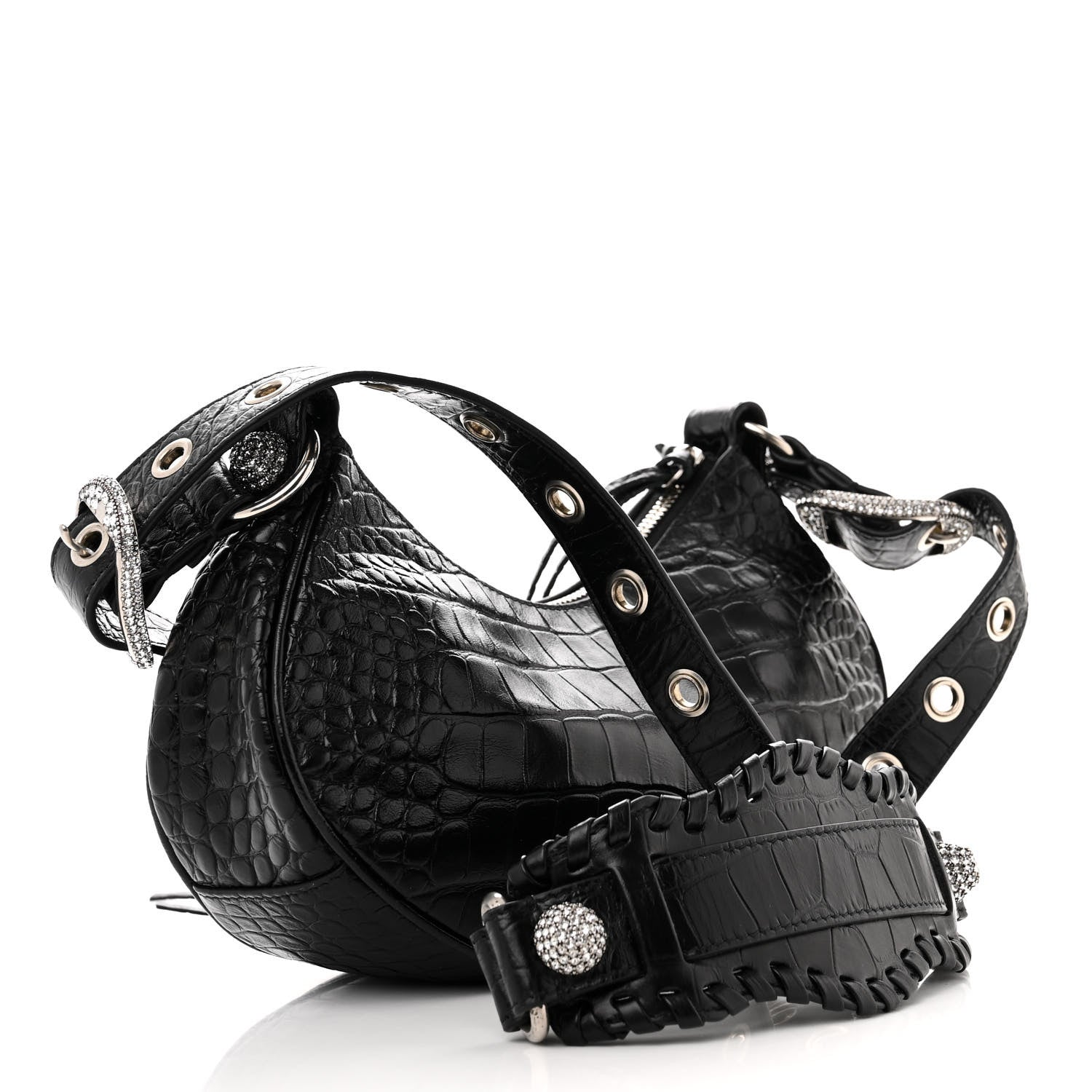Balenciaga Extra Supple Calfskin Crystal Crocodile Embossed Le Cagole Shoulder Bag XS Black 4 of 10
