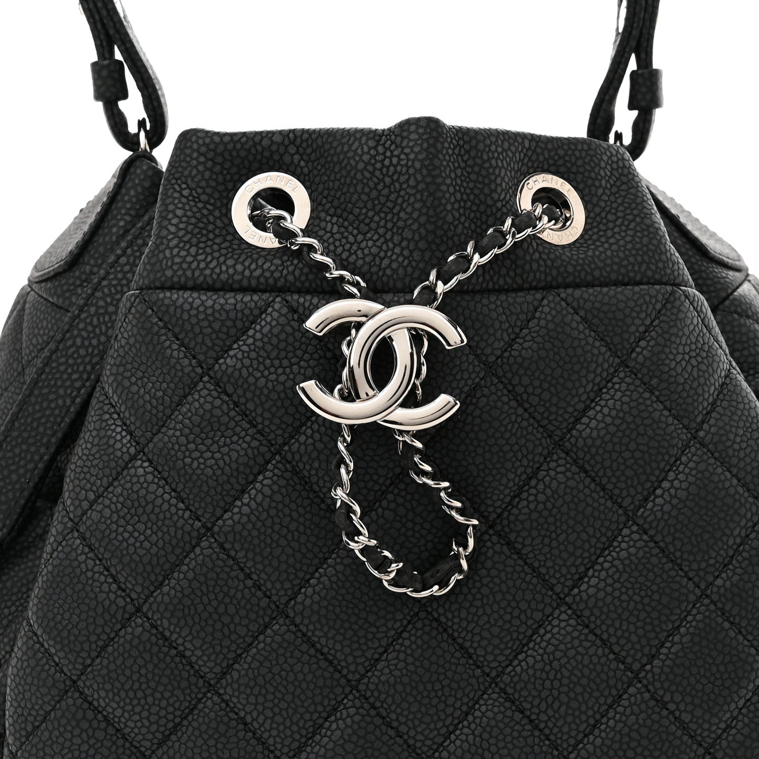 Chanel Caviar Flat Quilted CC Chain Bucket Drawstring Bag Navy 8 of 10