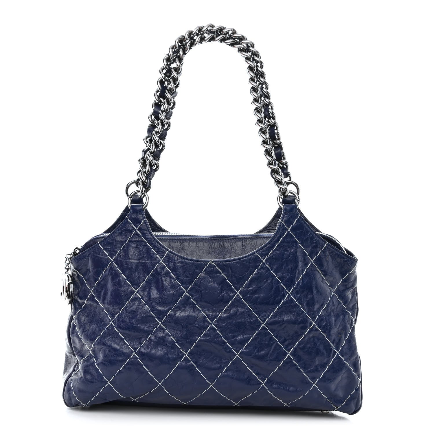 Chanel Glazed Goatskin Double Stitch Shoulder Bag Navy Blue 1 of 15
