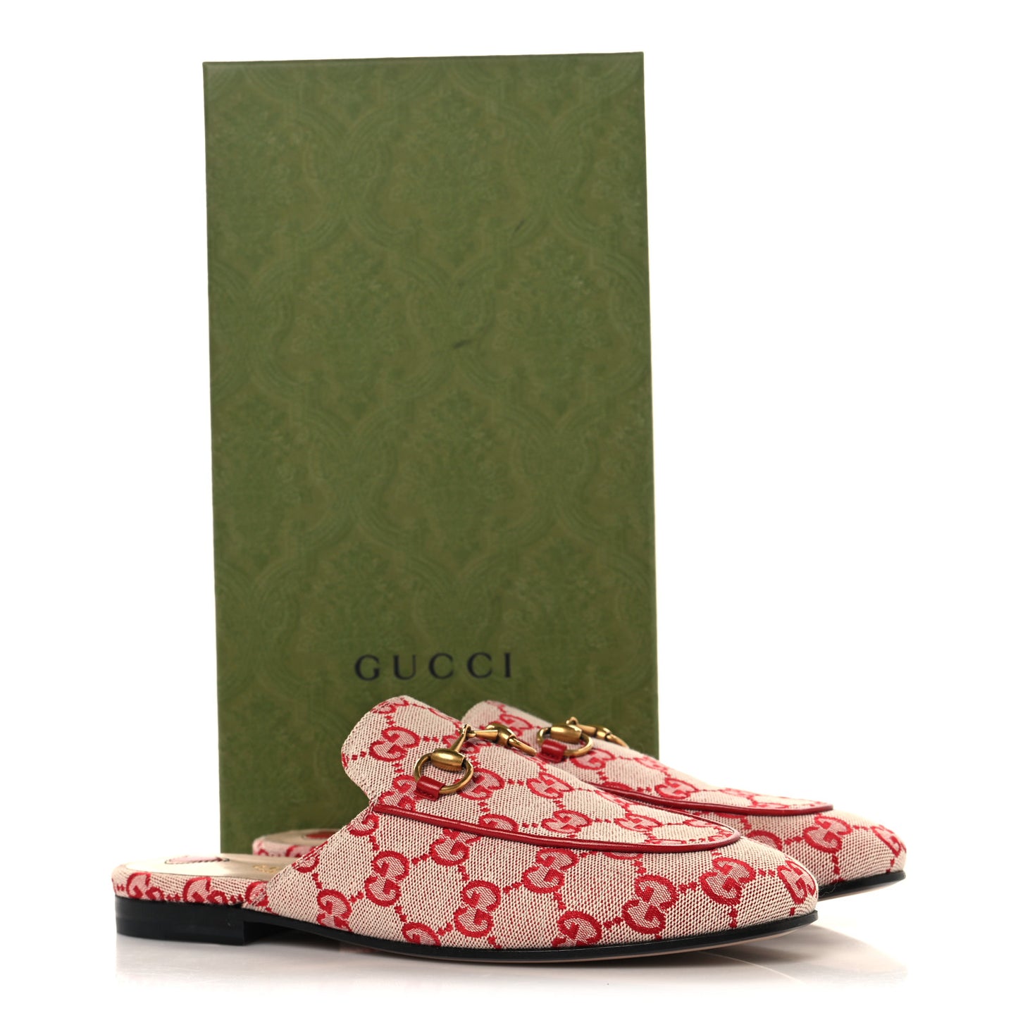 Canvas GG Monogram Horsebit Womens Princetown Slippers 36.5 Gardenia Hibiscus Red