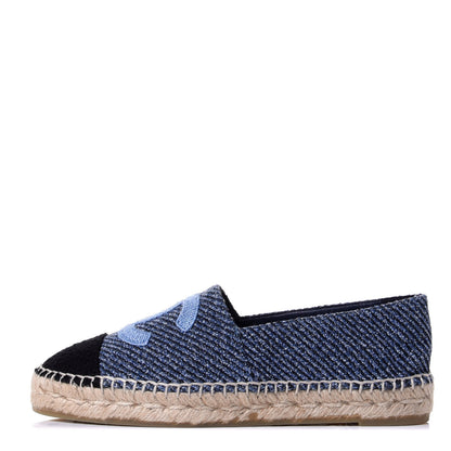 Chanel Cotton Tweed CC Espadrilles 38 Blue Ecru Black 1 of 11