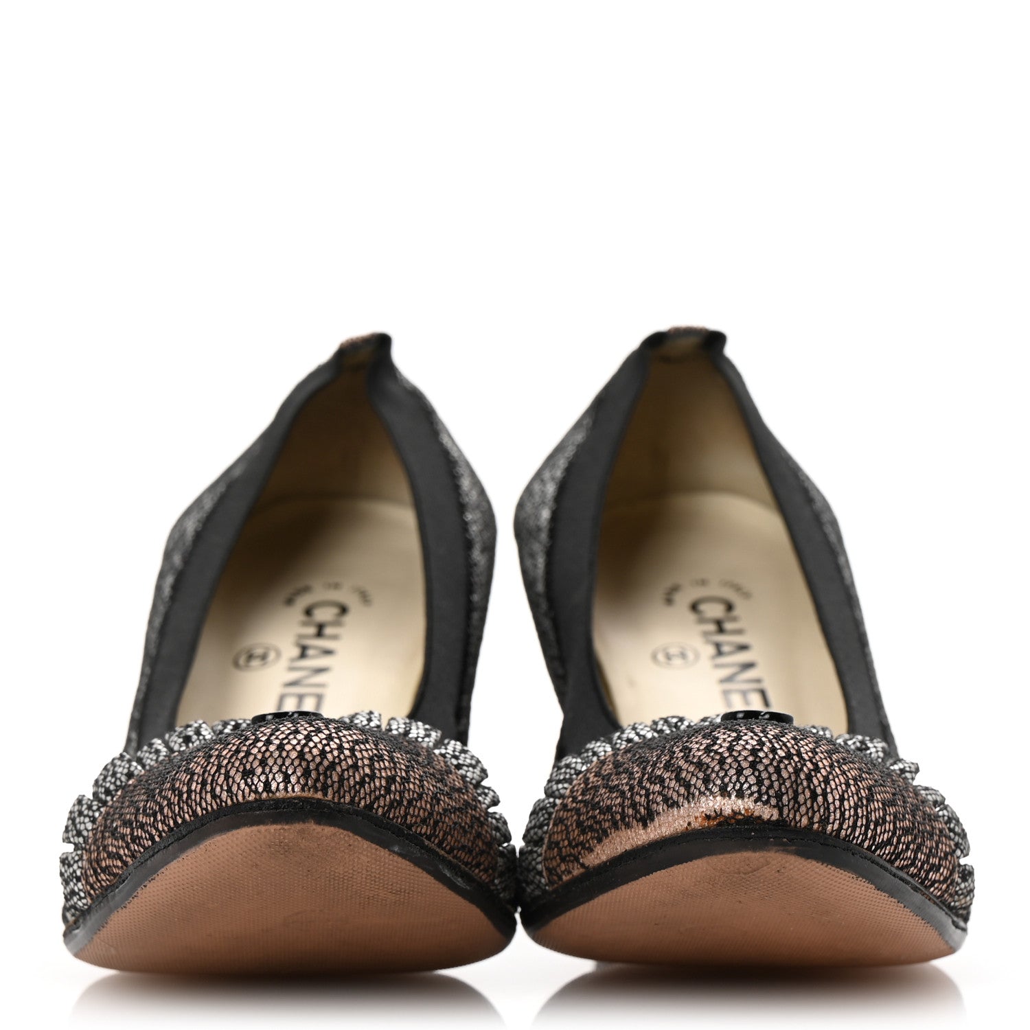 Chanel Lace Lambskin CC Elastic Stretch Pumps 39 Black Silver Rose Gold 3 of 12