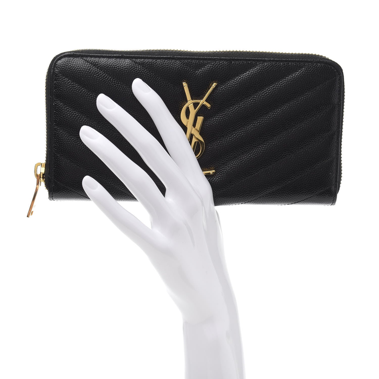 Saint Laurent Grain De Poudre Matelasse Chevron Monogram Zip Around Wallet Black 2 of 6