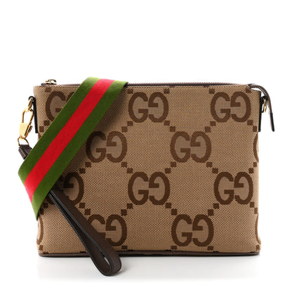 Gucci Monogram Jumbo GG Textured Dollar Calfskin Web Wristlet Messenger Bag Camel Ebony New Acero 1 of 11