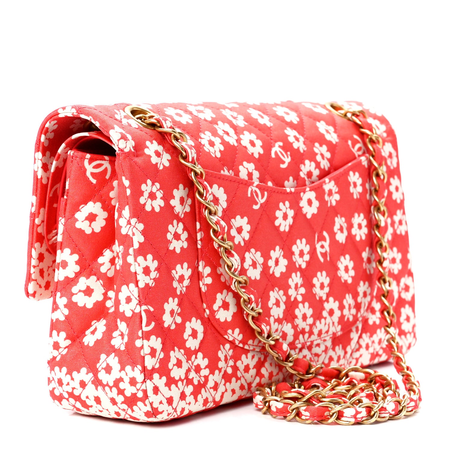Chanel Canvas Floral Printed Quilted Medium Double Flap Pink White 3 of 12
