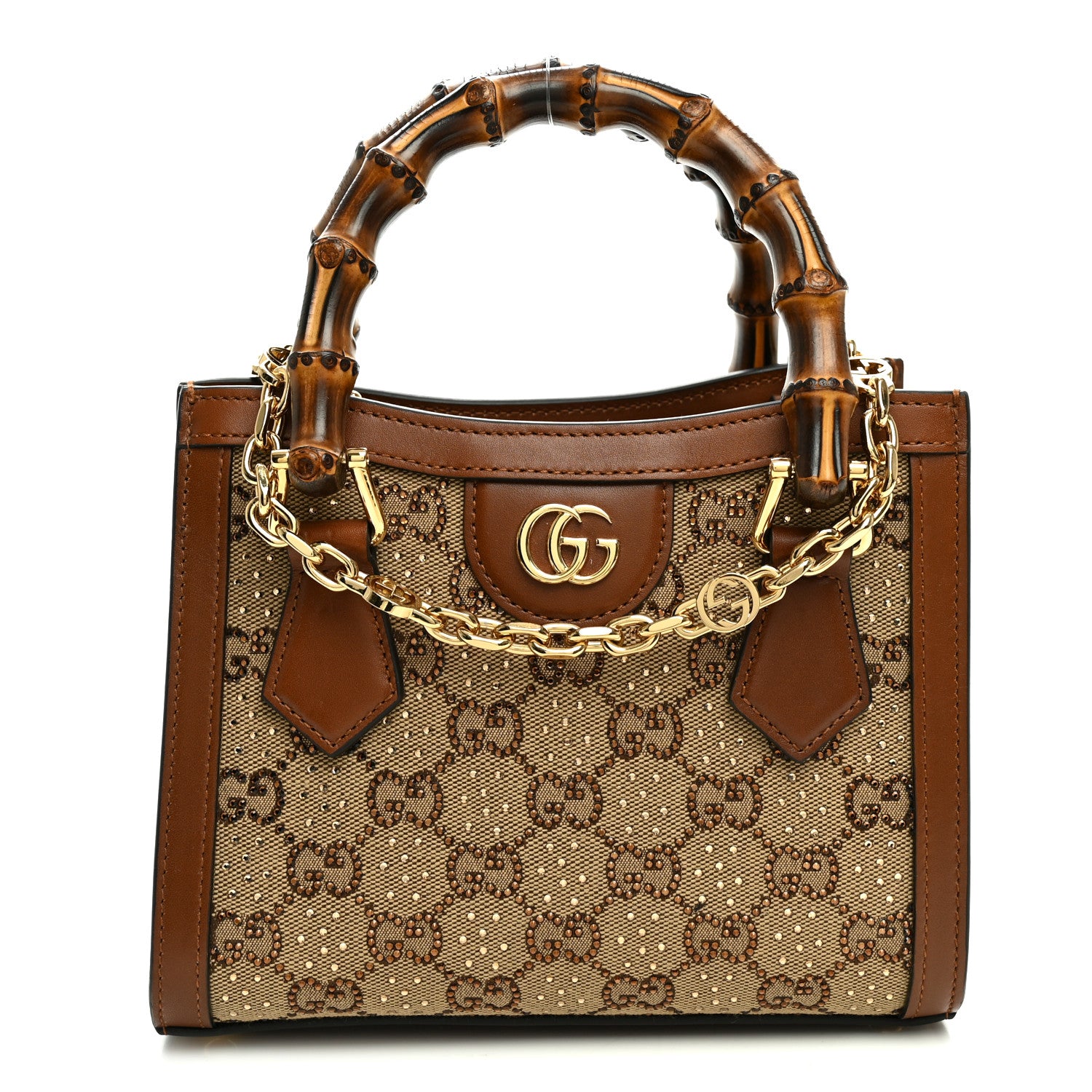Gucci New Canvas Charisma Calfskin Crystal GG Monogram Mini Diana Tote Bag Camel Ebony 1 of 10