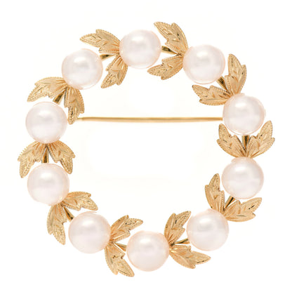 Mikimoto 18K Yellow Gold Akoya Pearl 5.5-6mm Wreath Pin Brooch 1 of 4