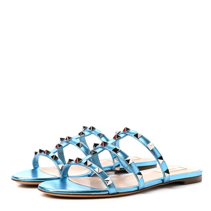 Valentino Garavani Metallic Nappa Rockstud Caged Flat Slide Sandals 36.5 Cerulean 3 of 10