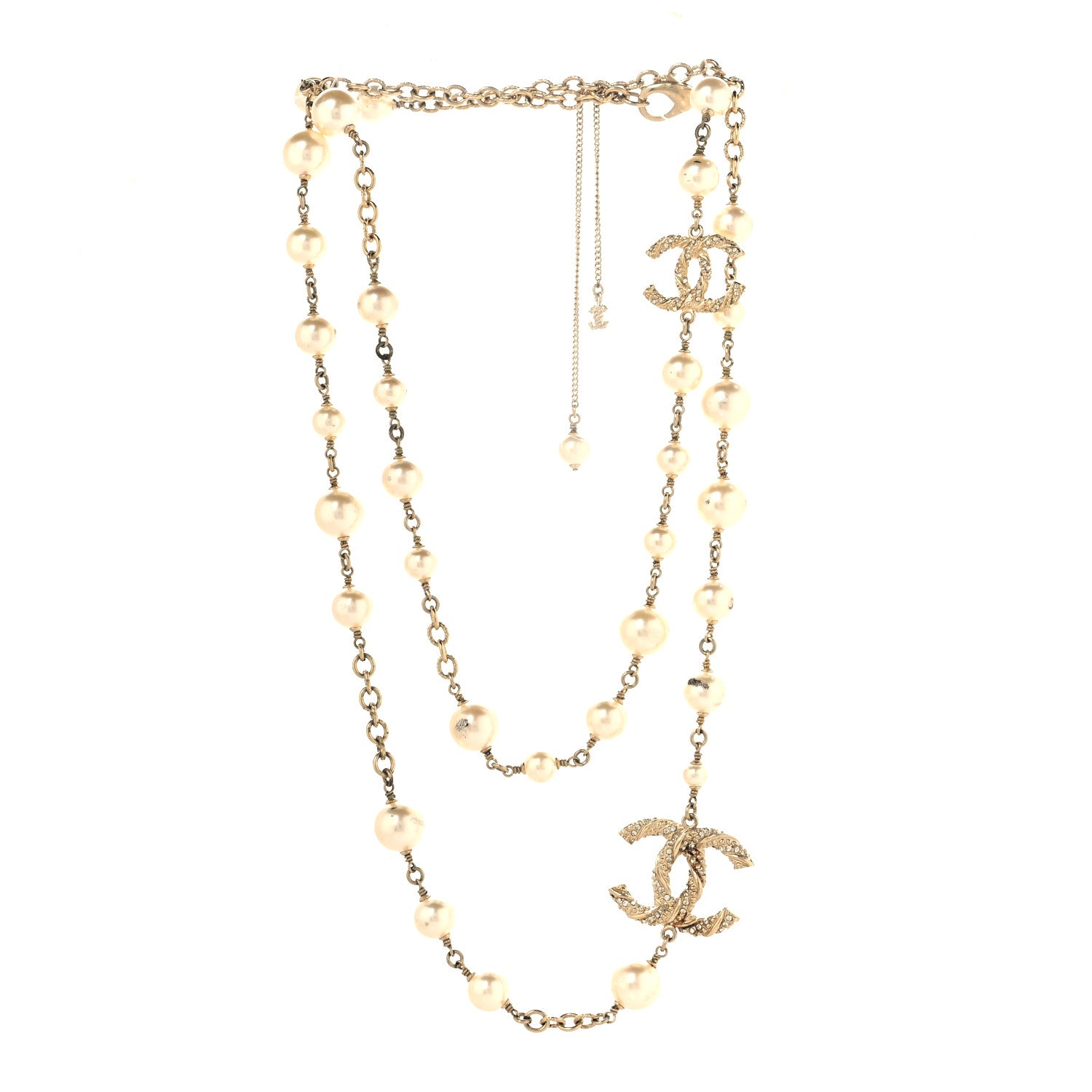 Chanel Graduated Pearl Crystal Twisted CC Long Necklace Gold 3 of 7